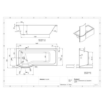 Luxury P Shape Left Hand Shower Bath 1700mm