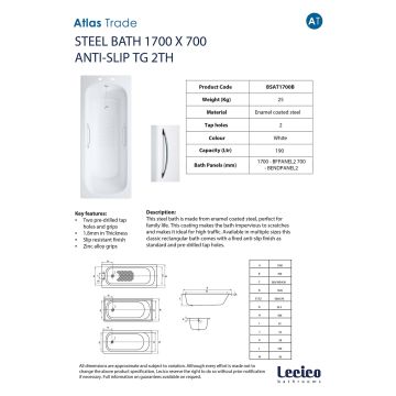 Lecico Atlas Anti-Slip Steel Bath With Grips 1700 x 700mm